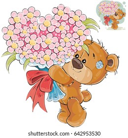 Vector illustration of a brown teddy bear holding in its paws a bouquet of flowers in the shape of a heart. Print, template, design element