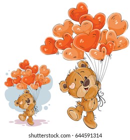 Vector illustration of a brown teddy bear holding in its paw a red balloons in the shape of a heart. Print, template, design element