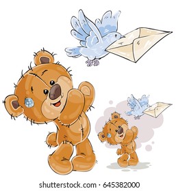 Vector illustration of a brown teddy bear sends a letter in a mail envelope using a mail pigeon. Print, template, design element