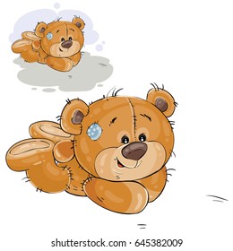 Vector illustration of a brown teddy bear lies on the floor on his stomach. Print, template, design element