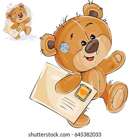 Vector illustration of a brown teddy bear carries in its paw a letter. Print, template, design element