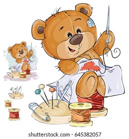 Vector illustration of a brown teddy bear tailor sews a red patch in the shape of a heart. Print, template, design element