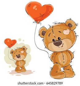 Vector illustration of a brown teddy bear holding in its paw a red balloon in the shape of a heart. Print, template, design element