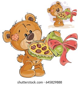 Vector illustration of a brown teddy bear holding an open box of chocolates in its paws and treating them. Print, template, design element