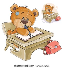 Vector illustration of a brown teddy bear sitting at the student s desk and writing something in a notebook. Print, template, design element