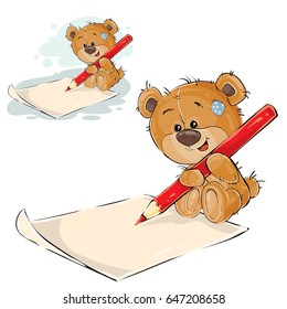 Vector illustration of a brown teddy bear holding a pencil in his paws and writing it on a paper. Print, template, design element, can be used for advertising, ads