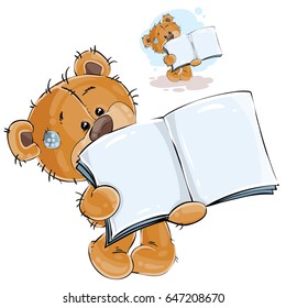 Vector illustration of a brown teddy bear showing a page of an open book, a notebook. Print, template, design element, can be used for advertising, ads