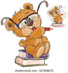 Vector illustration of a brown teddy bear with eyeglasses sits on a pile of books with a pencil in his paws and thinks, Print, template, design element