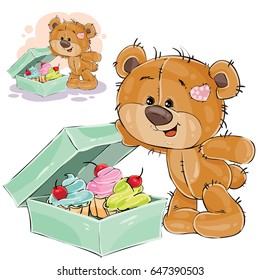 Vector illustration of a brown teddy bear sweet tooth opened a box of cakes. Print, template, design element