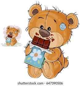 Vector illustration of a brown teddy bear sweet tooth holding in its paws a chocolate bar and eating it. Print, template, design element