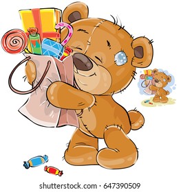 Vector illustration of a brown teddy bear sweet tooth embracing with its paws a cardboard package with sweets. Print, template, design element