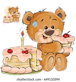 Vector illustration of a brown teddy bear sweet tooth eating a piece of birthday cake. Print, template, design element