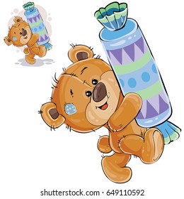 Vector illustration of a brown teddy bear sweet tooth holding in its paws a big candy and carries it somewhere. Print, template, design element