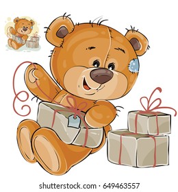 Vector illustration of a brown teddy bear tie a packing box with a cord. Print, template, design element