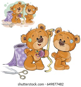 Vector illustration of a brown teddy bear tailor measuring another teddy bear measuring tape, needlework. Print, template, design element