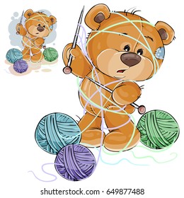 Vector illustration of a brown teddy bear holding a knitting needle in its paw and tangled in threads, handicrafts. Print, template, design element