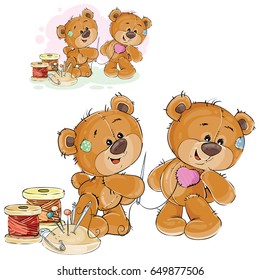 Vector illustration of a brown teddy bear tailor holding in his paw needle and thread and sewing another teddy bear application in the shape of a heart, needlework. Print, template, design element