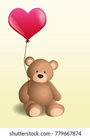 Vector illustration with a brown teddy bear holding a red balloon in form of heart on light yellow background for decoration, postcard, greeting card, poster