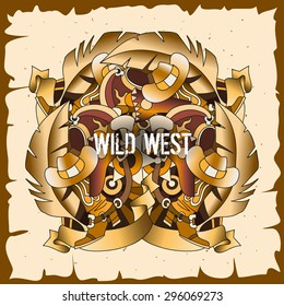 Vector illustration in brown tones with hand drawn elements in wild west style. Place for text. For web design, cards, booklets, brochures, covers.