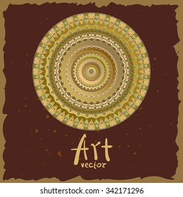 Vector illustration in brown tones with round ethnic ornament on grunge background. Place for text. For web design, cards, booklets, brochures, covers.