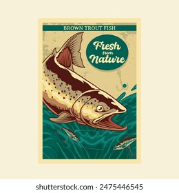 Ilustración vectorial de peces de trucha marrón con cebo de pesca y salpicadura de agua con la ilustración de Antiguas disponible para el póster