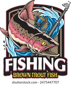 Vector Illustration of Brown Trout Fishwith Fishing Rod and Waves with Vintage Illustration Available for Fishing Logo