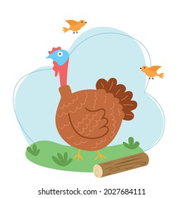 Vector illustration with a brown turkey on a background of sky and grass in flat style.