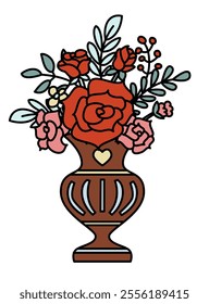A vector illustration of a brown vase filled with vibrant red and pink flowers and green leaves, isolated on a white background. Perfect for invitations or home decor.