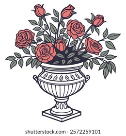 A vector illustration of a brown vase filled with vibrant red and pink flowers and green leaves, isolated on a white background. Perfect for invitations or home decor. Creative, unique, standard