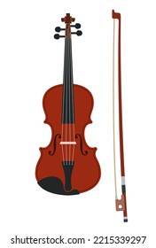 Vector illustration of brown violin and bow, isolated on a white background. Classical stringed musical instrument. Flat design style.