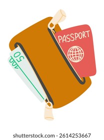 Vector illustration of a brown wallet with a passport and money sticking out of it. Concept of travel, identification, and financial preparation for an international trip
