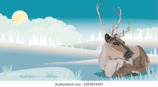 vector illustration brown white cream reindeer sitting lying on the white snow field trees pines hill in the morning sunny snowfall
