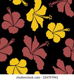 Vector illustration in brown and yellow colors on a black background. Seamless tropical flower, hibiscus pattern.
