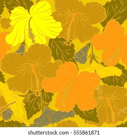 Vector illustration. Brown and yellow hibiscus flowers seamless pattern.