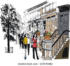 Vector illustration of brownstone building, pedestrians and trees, New York