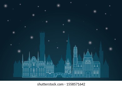 Vector illustration of Bruges town on winter night sky background.