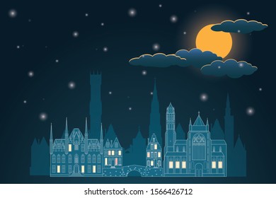 Vector illustration of Bruges town on winter night sky background.