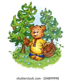 Vector illustration of bruin bear with pine cones.