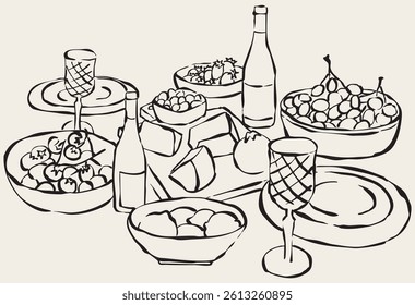 Vector illustration of a brunch table with cheeses, wine, fruit, and dishes. Hand-drawn brunch. Minimalist illustration. Illustration for invitations, stationery, printables, and social media.