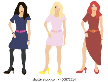 Vector illustration. Brunette, blonde and red-haired girl on a white background.