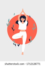 Vector illustration of brunette cute woman doing yoga in Tree pose on sun background with leaves