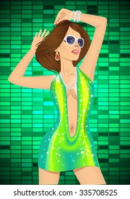 vector illustration of brunette dancing queen in green dress and sunglasses on disco party 