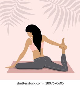Vector illustration of brunette doing yoga on pink background. Concept of meditation, sports, healthy lifestyle, yoga poses. Stretching workout in sportswear.