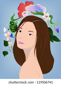vector illustration of brunette with flowers on blue