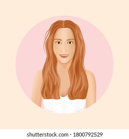 Vector illustration of a brunette girl avatar. Character design concept. Portrait of a young girl isolated on white background. Illustration for advertisement, banner, website, flyer, postcard.