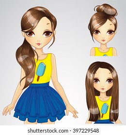 Vector illustration of brunette girl with different hairstyles in blue skirt and yellow shirt
