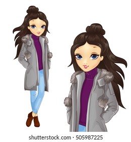 Vector illustration of brunette girl in gray long warm coat and jeans