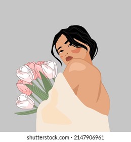 Imagen vectorial de una morena sosteniendo un ramo de flores en un fondo gris aislado. Adecuado para una tarjeta de cumpleaños, el día de la mujer, afiche de primavera