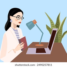 vector illustration of a brunette girl in the office. woman at her desk with a laptop, lamp and home flowers. student with glasses. woman working in a cafe. Online school