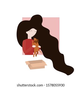 Vector illustration of a brunette girl in a red sweater adopting a homeless puppy.